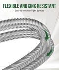 Close-up of flexible and kink-resistant stainless steel gas line from All In One Gas Appliance Hook Up Kit With Twenty Four Inch Flexible Stainless Steel Gas Line And One Half Inch Brass Shut Off Valve With Fittings For Tankless Water Heaters Dryers Stoves And Ranges Install