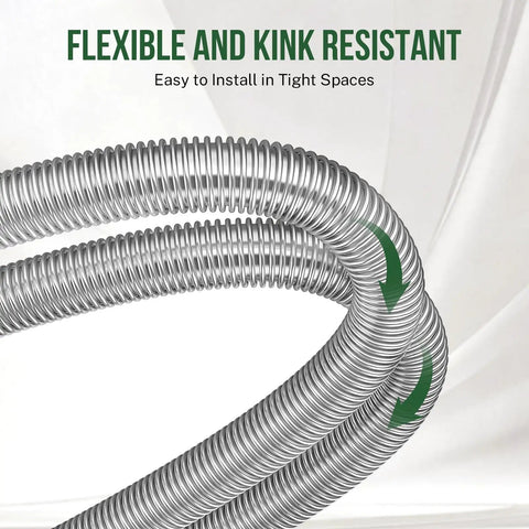 Close-up of flexible and kink-resistant stainless steel gas line from All In One Gas Appliance Hook Up Kit With Twenty Four Inch Flexible Stainless Steel Gas Line And One Half Inch Brass Shut Off Valve With Fittings For Tankless Water Heaters Dryers Stoves And Ranges Install