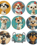 Dog Diamond Art Coaster Kit For Beginners With Holder DIY 8 Pack Diamond Painting Coasters Set includes images of dog designs.