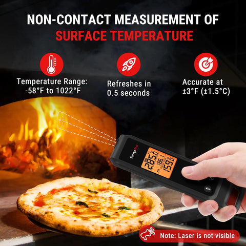 Person using 2-in-1 Infrared And Meat Probe Instant Read Thermometer For Cooking, Non-Contact Laser Thermometer For Griddle, Grill Master, Pizza Oven, Candy And Roast, Easy Read LCD, Black near a pizza oven