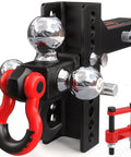 Adjustable Heavy Duty Tri Ball Trailer Hitch For 2 Inch Receiver With 4.5 Inch Rise And Drop Includes One And Seven Eighths Inch, Two Inch, And Two Five Sixteenths Inch Trailer Balls Tow Hook And Shackle 10000 Lb GTW 1000 Lb TW Pin Lock And Hitch