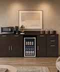 No Sweat Breakroom Cabinet With Mini Fridge Cutout And Three Spacious Drawers fully assembled in modern office decor.