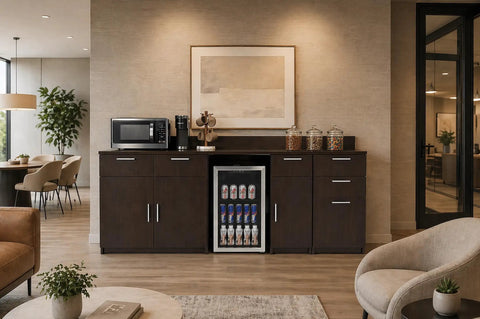 No Sweat Breakroom Cabinet With Mini Fridge Cutout And Three Spacious Drawers fully assembled in modern office decor.