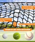 Close-up of Durable Nylon Batting Cage Net Only For Backyard Golf Practice Seven Point Eight Foot Square With 10 Carabiners And 4 Tie Ropes displayed with mesh measurements.