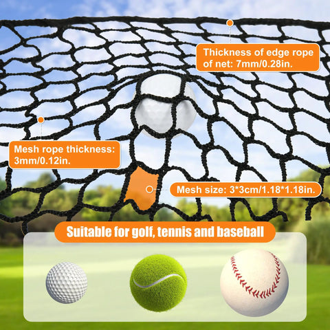 Close-up of Durable Nylon Batting Cage Net Only For Backyard Golf Practice Seven Point Eight Foot Square With 10 Carabiners And 4 Tie Ropes displayed with mesh measurements.