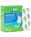 Hardcore Waterproof Adhesive Bandages Sterile Plastic First Aid Strips One By Three Inches Box Of One Hundred with clear packaging.