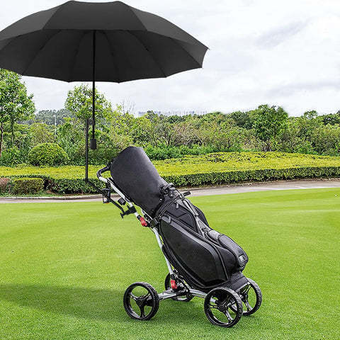 Portable UPF 50 Plus Beach Umbrella With Adjustable Universal Clamp on golf bag in green field
