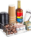 Clear Acrylic Coffee Station Organizer For Countertop And Office Breakroom with K-Cup pods, cups, syrup, creamers, and tea bags.