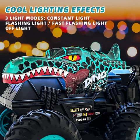 Totally Rad Dinosaur RC Monster Truck for Kids Ages 4 To 7, 1:20 Scale Remote Control Car With Lights And Music, side view