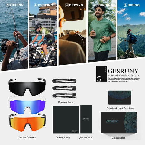 Polarized Sport Sunglasses for Men and Women, Lightweight TR90 Frames With UV400 Protection displayed with accessories