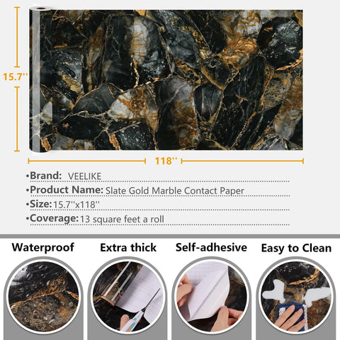Slate Gold Marble Countertop Contact Paper Peel And Stick Self Adhesive Vinyl Waterproof DIY Friendly Glossy Finish 15.7x118"