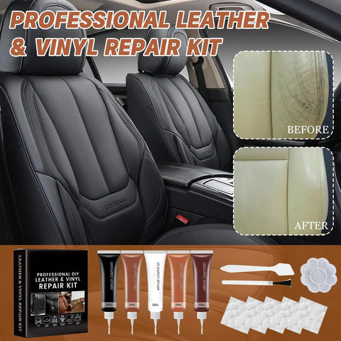 Premium Leather Repair Kit For Furniture Sofa And Car Seats 5 Piece Vinyl Patch Set with before and after leather seat images.