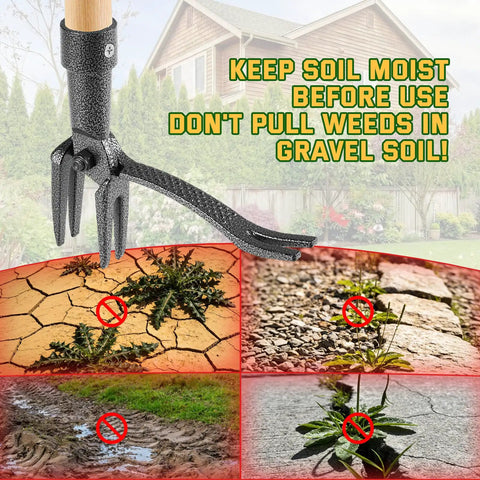 Stand Up Weed Puller Tool With Long Handle And 4 Claw Steel Head displaying recommended soil conditions with caution signs.