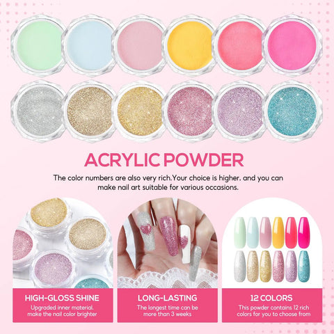 Colorful acrylic powders in All-In-One Acrylic Nail Kit For Beginners With Drill And UV Light Includes Glitter Powders Rhinestones Gems