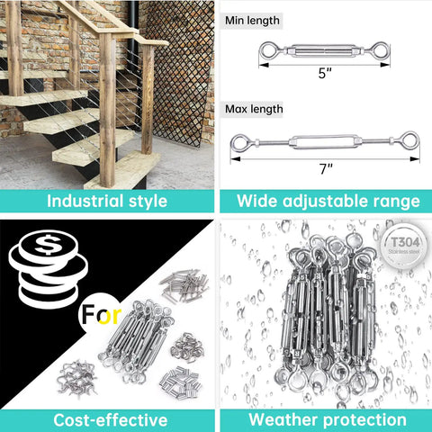 20 Piece 1/8 Inch Cable Railing Hardware Kit Beefy Turnbuckles M5 Eye To Eye For Wood Posts T304 Stainless Steel Deck Cable Railing System With 180 Degree Adjustable Stairs CK01