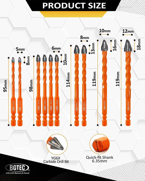 BGTEC 10-piece masonry drill bit set with carbide tips, sizes 3/16 to 1/2 inch, orange-coated shanks