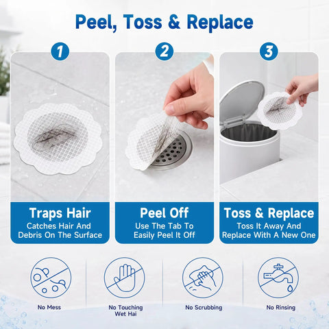 Step-by-step guide for Super Slick Disposable Shower Drain Hair Catchers, 40 Pack Flower Mesh Grates usage in bathroom.