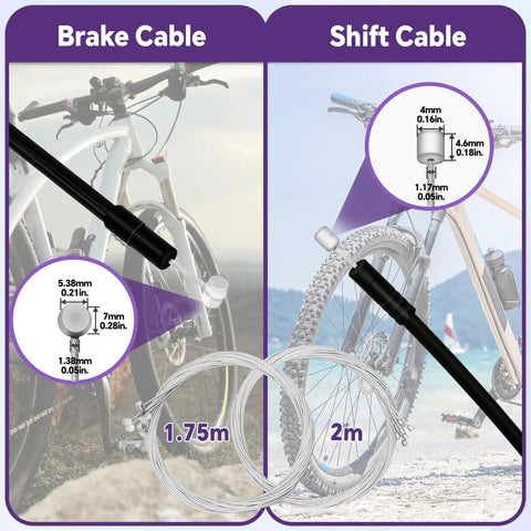 Universal 103Piece Bike Brake Cable Kit With Chromium Vanadium Steel Cable Cutter And Shifter Cables for MTB and road bikes showing 1.75m and 2m cables.