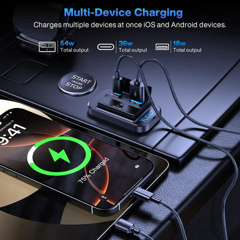 Road Warrior Ready Dual Fast Charging 12 Volt Usb Outlet Panel 4 Pack Packed With Type C Pd And Usb A Qc Ports charging multiple devices on a dashboard.