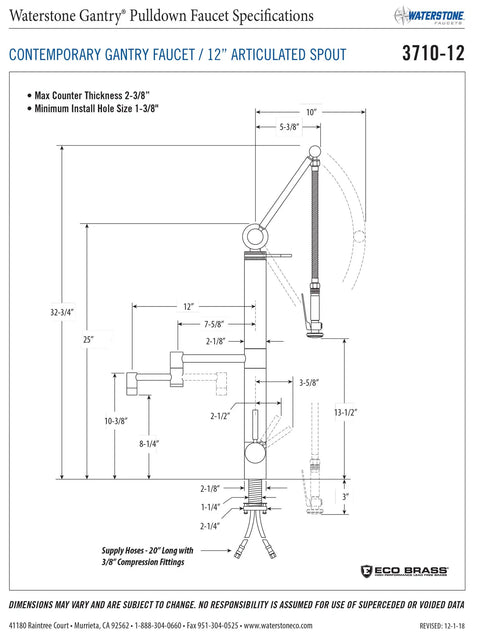 Contemporary Gantry Kitchen Faucet Built Tough With Smooth Glide Actions Polished Nickel diagram with detailed specs and measurements.