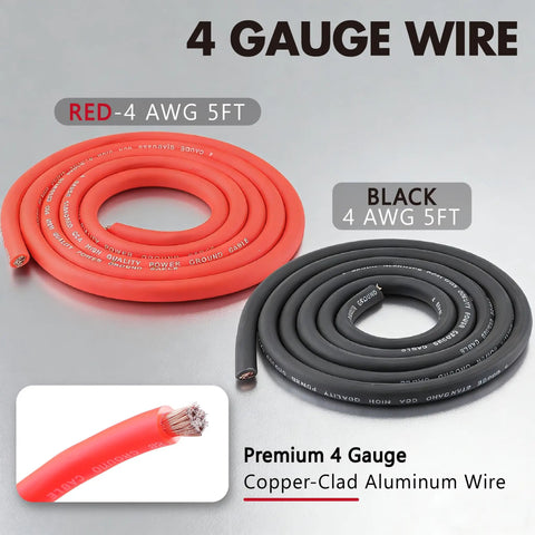 0 Gauge True Dual Amp Wiring Kit With 2000W Power 200A ANL Fuse OFC RCA Cables 14 Gauge Speaker Wire Pre Cut Power And Ground Cables Distribution Block Install Hardware For A High Performance Car Audio System, 4 AWG red and black copper-clad aluminum wire coils