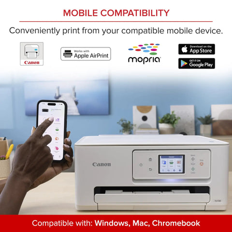 Wireless All In One Color Inkjet Printer With Auto Duplex For Home Photos, Fast 15 Black And 10 Color PPM, Easy Setup, 2.7 Inch Touchscreen on desk with mobile compatibility feature displayed.