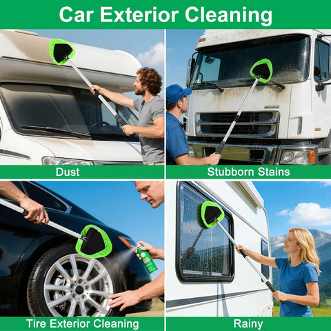 XINDELL 29-inch windshield cleaner tool with green microfiber pads for car, truck, and RV windows (front/side views).