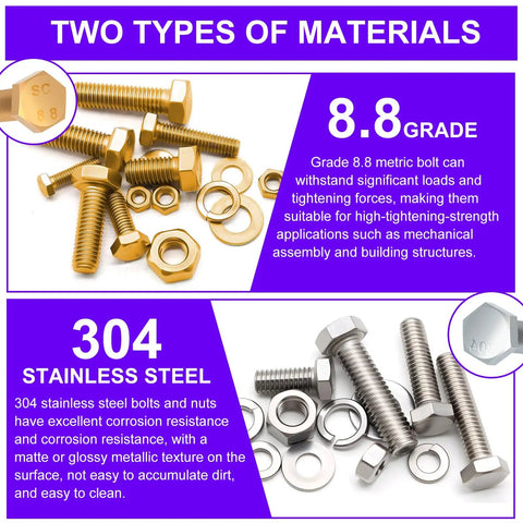 Image showing two types of bolts: 8.8 Grade and 304 Stainless Steel, both from the 900-Piece Hex Bolts And Nuts Kit In 304 Stainless Steel With 1/4-20, 5/16-18, 3/8-16 Screws And Metric M4, M5, M6, M8 Grade 8.8, Plus Washers In A Handy All-In-One Portable Box For Quick Projects, highlighting strength and corrosion resistance.