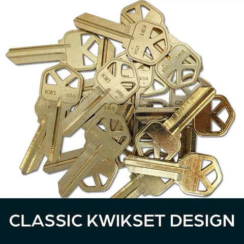 Premium Brass Kw1 Uncut Key Blanks Pack Of 50 for home and professional use, durable brass construction, top view.