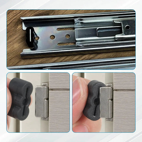 20 Pack Heavy Duty Rubber Drawer End Stoppers Cabinet Slide Bumpers shown on metal slide rails and fitted in place.