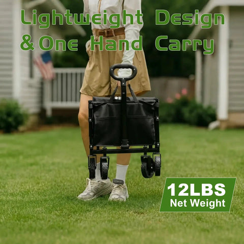 Person carrying a heavy duty foldable wagon cart with all terrain wheels, 220 lb capacity, for beach, garden, groceries, camping.