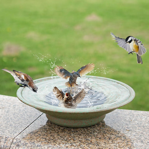 Solar Fountain Bird Bath Bubbler For Outdoor Garden Made Of Metal Water Feature For Patio Decor Sun Powered No Battery Needed Easy Setup Creates Sparkling Water Sprays That Attract Birds showing birds bathing in metal dish.