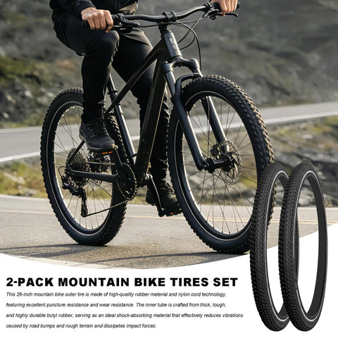 2 Pack 26x2.125 Thick Wear Resistant Bike Tire Set with Inner Tubes and Levers for Mountain Commuter and Touring Bikes