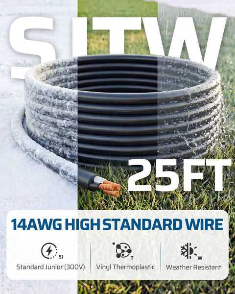 Top Notch Outdoor Power Stake Timer With Waterproof Shell And Automatic Dusk To Dawn Scheduling Delivers Six Grounded Outlets For Zero Sweat Landscape Lighting And Yard Gear Setup Daily 25ft black 14AWG high standard wire on grass.