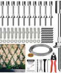 Heavy Duty Tension Wire Trellis Kit For Outdoor Gardens Comes Complete With Crosshead Hubs Wall Anchors Cable Cutters Plus Fifty Three Feet Of Sturdy Stainless Lines To Make Your Garden Look Pretty Badass, showing screws, anchors, washers, wire, and cutters.