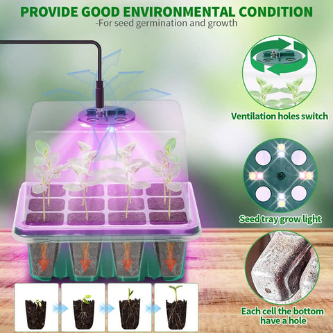 Seed Starter Tray With Full Spectrum Plant Lights For Seed Starting, 2 Pack Grow Light Kit With Humidity Domes, 4 Level Timer showcased