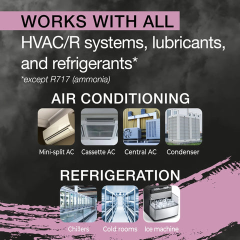 Extreme Ultra A/C Leak Stop banner showing HVAC/R compatibility icons for air conditioning and refrigeration systems.
