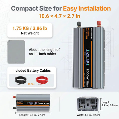 Beast Mode 2000W Power Inverter 4000W Peak Convert 12V DC To 120V AC With Bright LCD Screen compact size for easy installation.