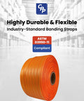 Built To Crush Heavy Loads 3/4 Inch X 1650 Foot Woven Polyester Strapping Cord, orange roll in warehouse setting.