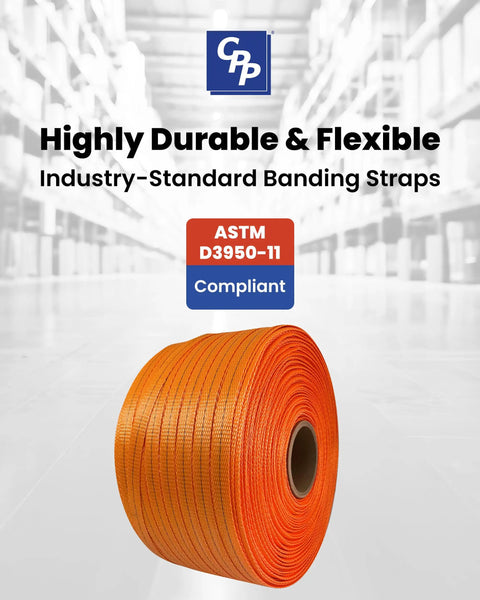 Built To Crush Heavy Loads 3/4 Inch X 1650 Foot Woven Polyester Strapping Cord, orange roll in warehouse setting.