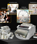 Money Counter Machine With Value Count And Counterfeit Detection UV MG IR Large LCD Display Add And Batch Modes shown in various settings