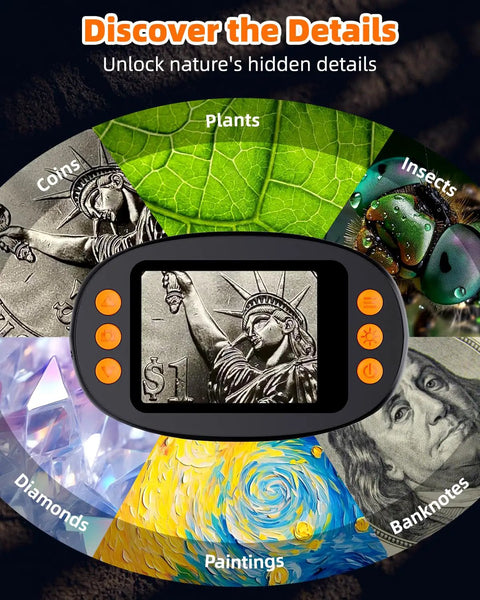Explore Tiny Worlds With A 1000x Coin Microscope With Built In Lights 2 Inch LCD Display 8 Adjustable LEDs Portable Rechargeable Handheld Magnifier For Coins Gems Jewelry And More Works With Windows And Mac showing coin close-up.