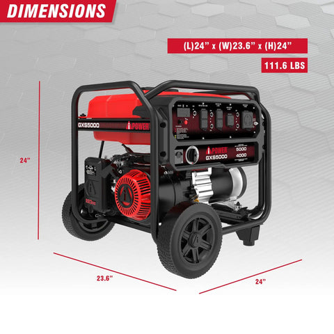 Powerful 5000 Watt Gas Portable Generator With 223cc OHV Engine CO Sensor Shutoff, dimensions 24x23.6x24 inches, black frame