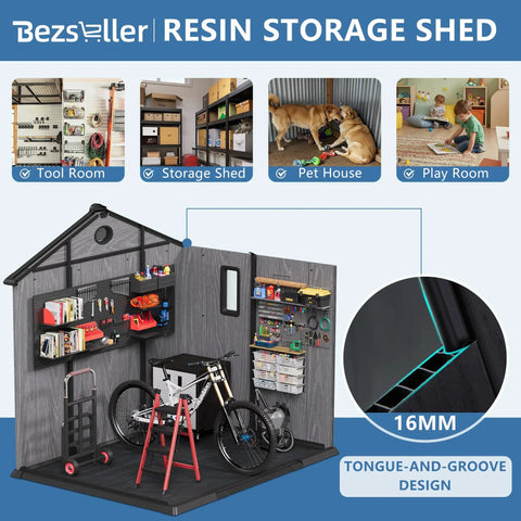 Interior view showing tool organization in 8x6 Ft Resin Storage Shed With Floor For Backyard And Outdoors, featuring durable plastic design.