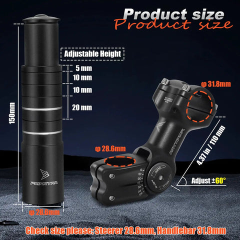 Adjustable 31.8mm Bike Stem Riser With 120 Degree Tilt And 150mm Height Extension Aluminum Handlebar Extender details shown