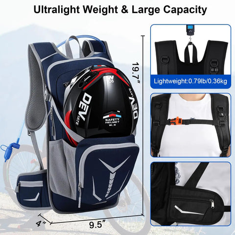 Hydration Backpack With 3L Bladder 18L Leakproof Daypack showing helmet storage and lightweight design for outdoor sports