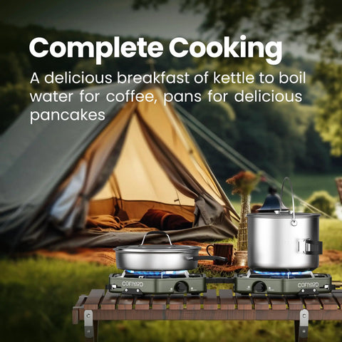 Propane Two-Burner Camping Stove With Carrying Bag And Gas Stove Pressure Regulator Folding Camp Stove Flick-Style Ignition in use near a tent