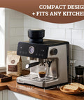 One Touch Auto Grind Espresso Machine With Smart Dosing And Brushed Stainless Steel Finish Designed For Next Level Home Barista Coffee That Actually Hits Different on kitchen countertop.