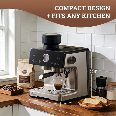 One Touch Auto Grind Espresso Machine With Smart Dosing And Brushed Stainless Steel Finish Designed For Next Level Home Barista Coffee That Actually Hits Different on kitchen countertop.