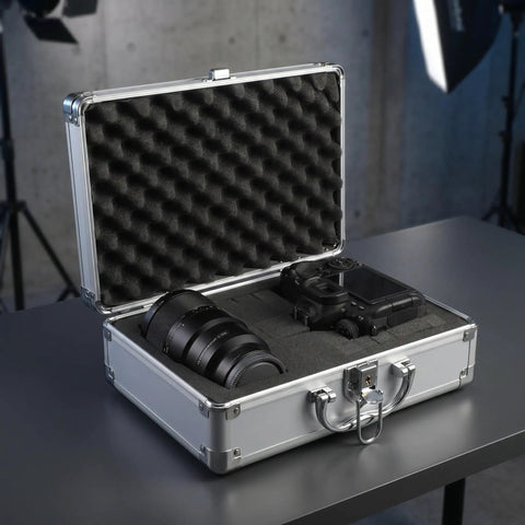 Tough As Nails Lockable Aluminum Alloy Toolbox With Shock Absorbing Foam Insert Portable Hard Storage Case For Crews On The Road Built Different To Keep Your Gear Locked Tight Daily containing a camera and lens.